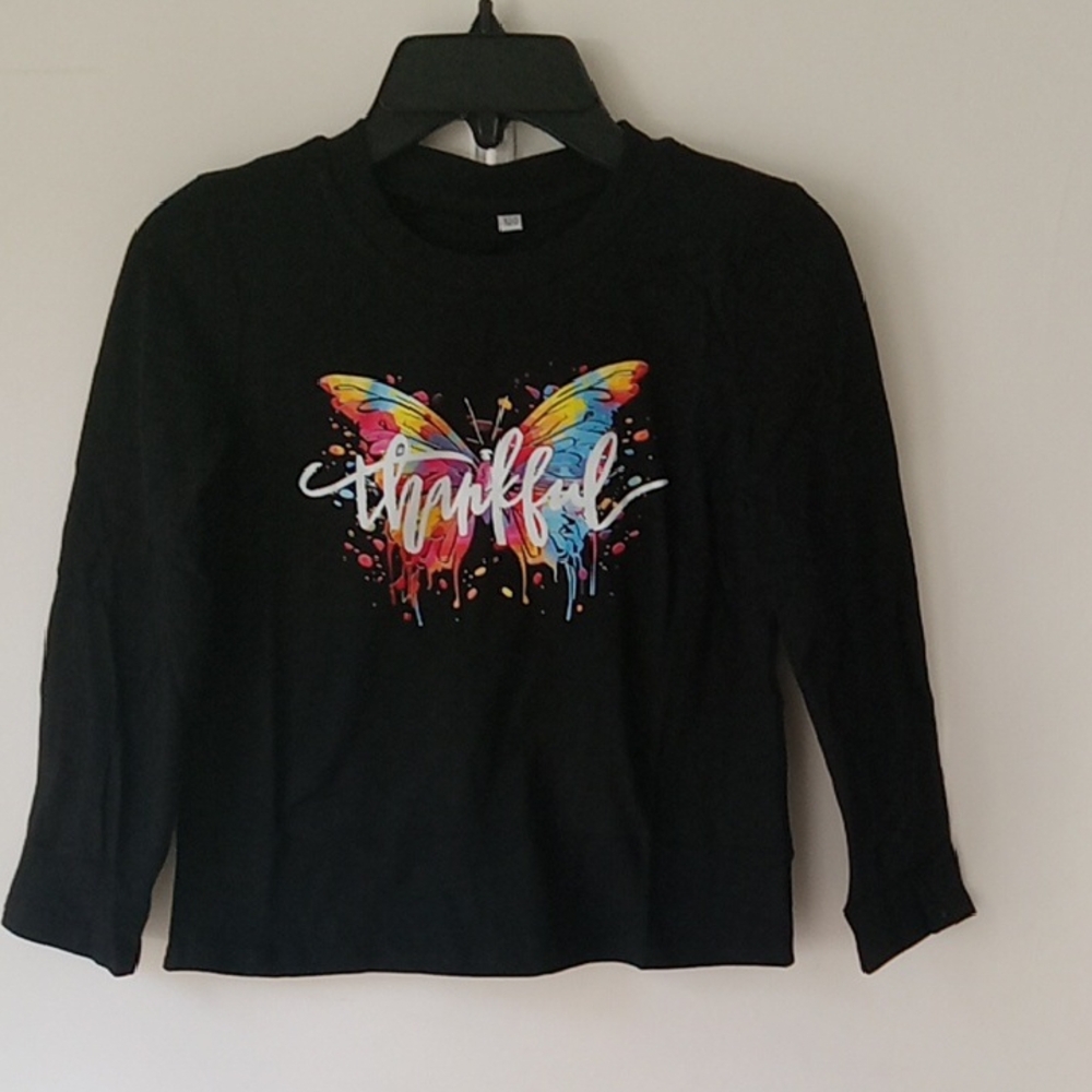 Black Butterfly Thankful Long Sleeve Girls Shirt Colorful